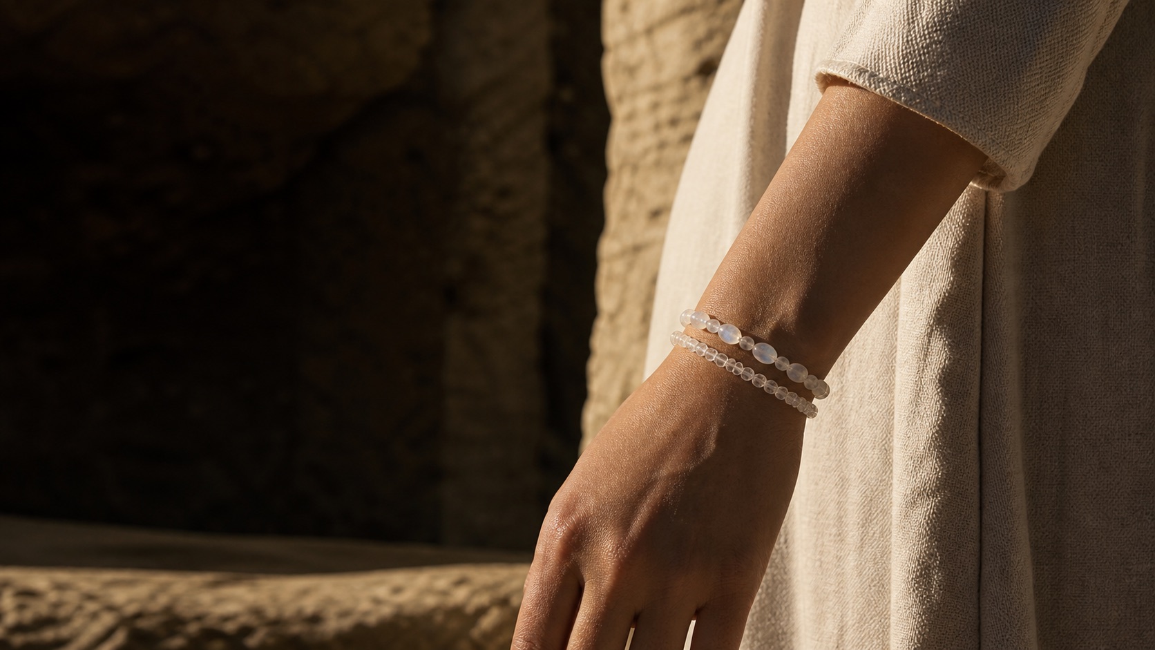 Evara Vale natural crystal bracelets styled in warm natural light