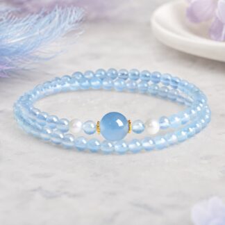 Aqualume Double-Wrap Blue Bead Bracelet — 5 mm, pale-blue finished stretch bracelet shown in full