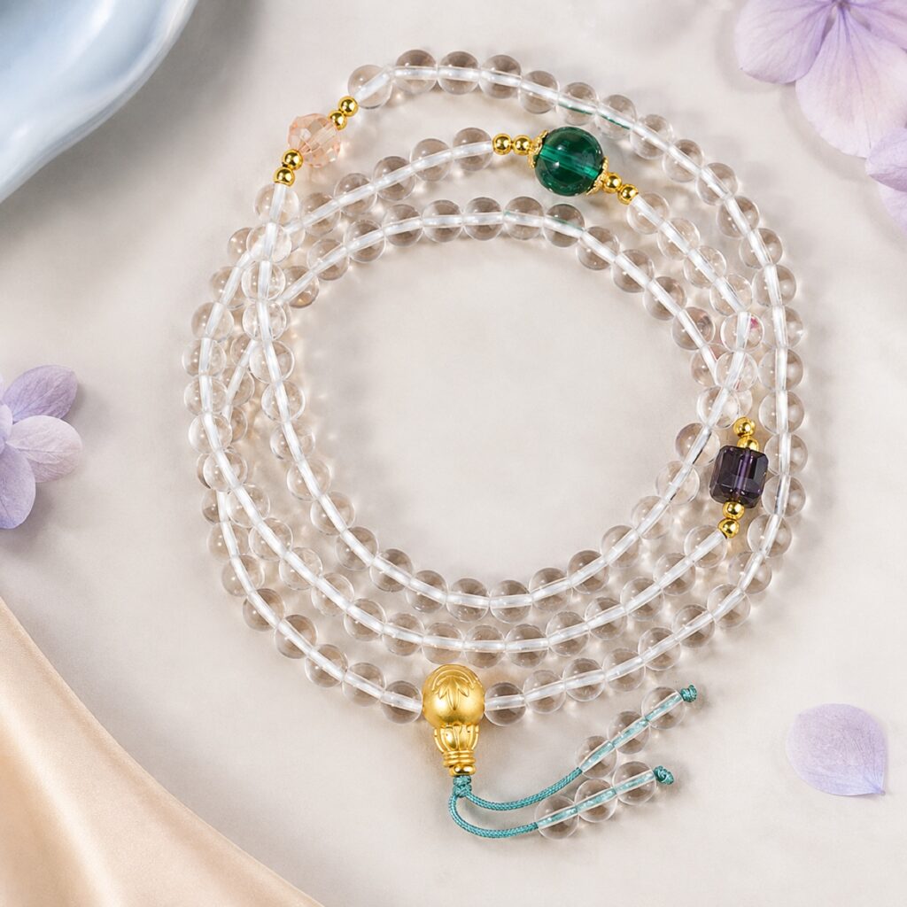 Verselle Clear Orbit Necklace & Wrap Bracelet, full finished convertible strand arranged in multiple loops