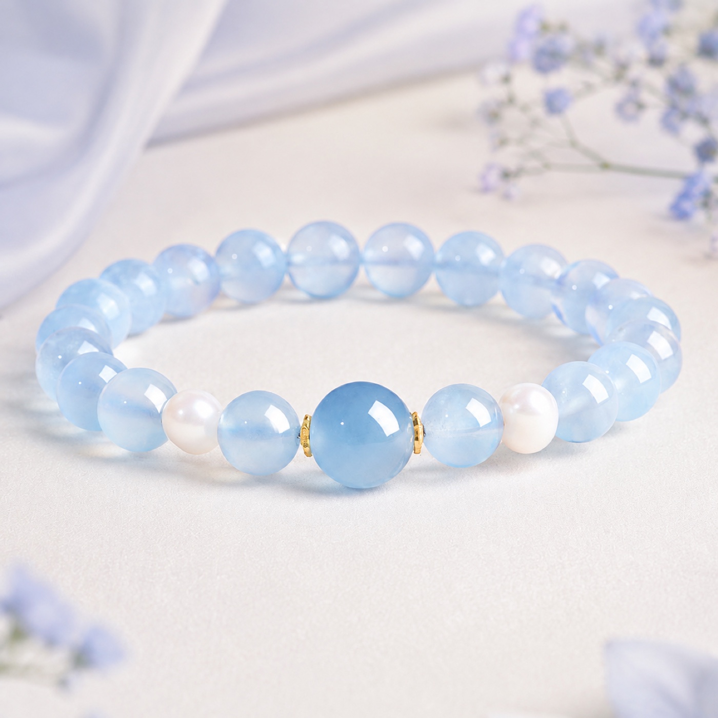 Aqualume Blue Focal Bracelet — 8 mm shown as a complete bracelet