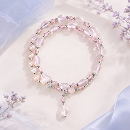 Roselight Pale Pink Double-Strand Bead Bracelet with Bead Drop