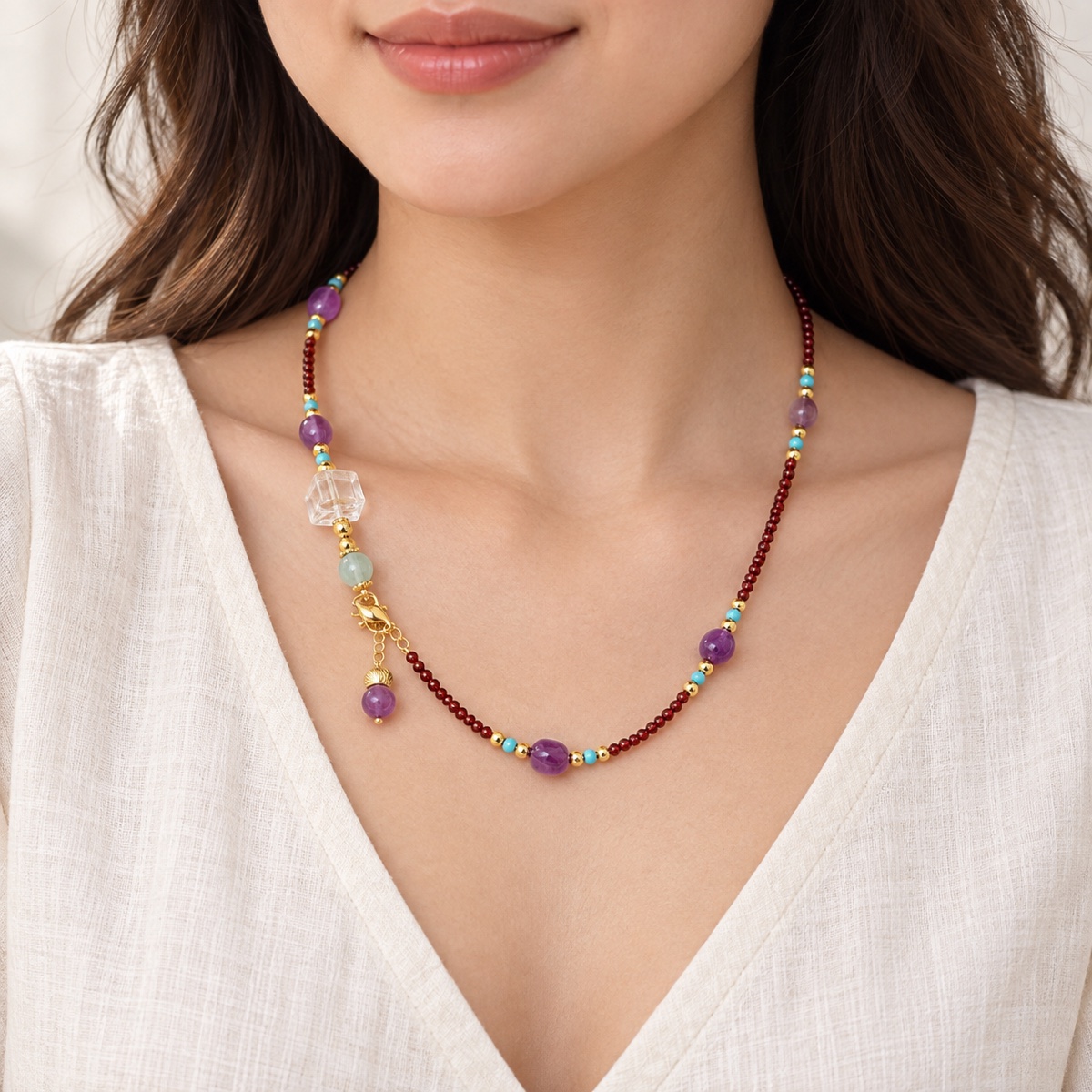 Aurora Wine-Red Lilac Accent Necklace worn as a necklace