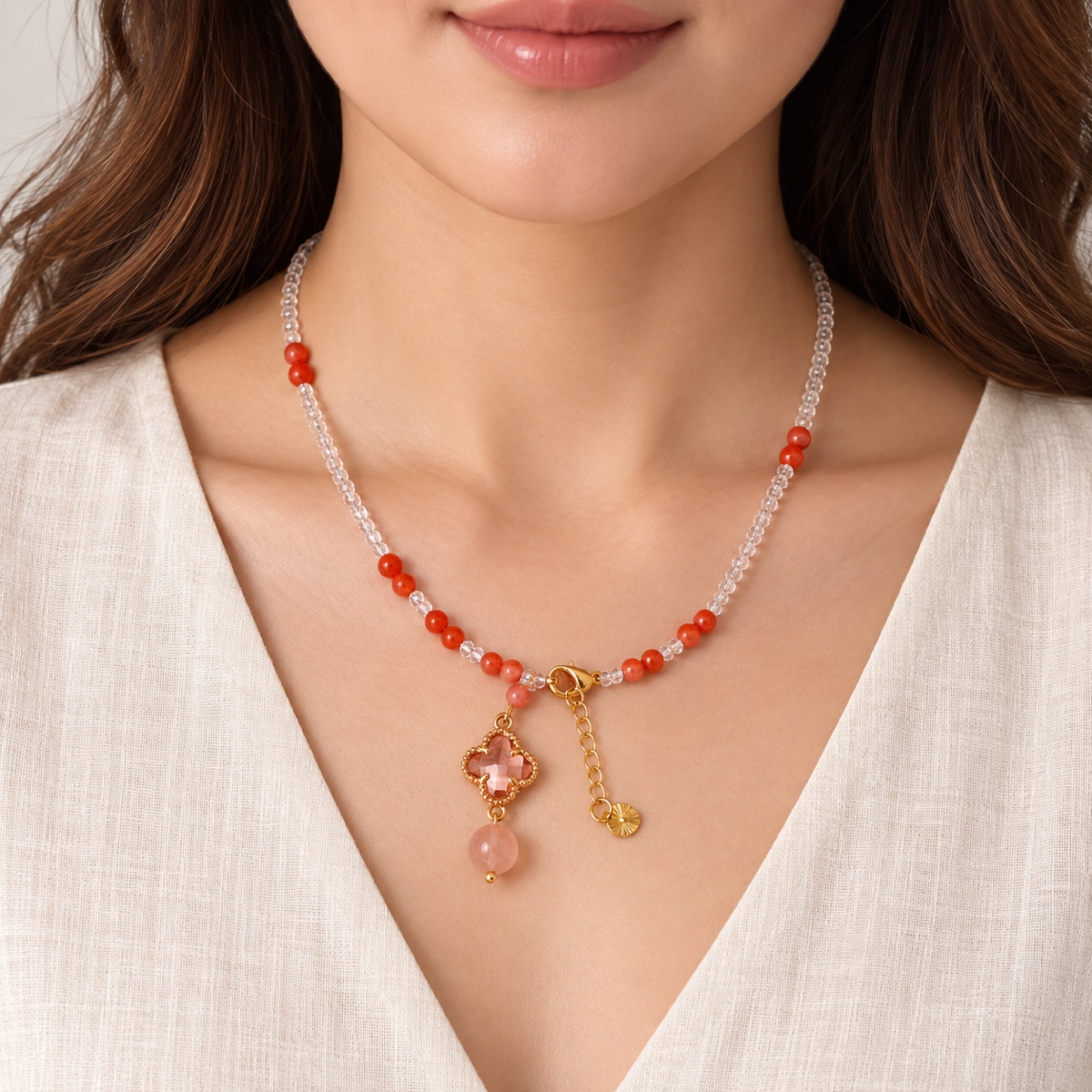 Aurora Rose Quatrefoil Pendant Necklace worn as a necklace