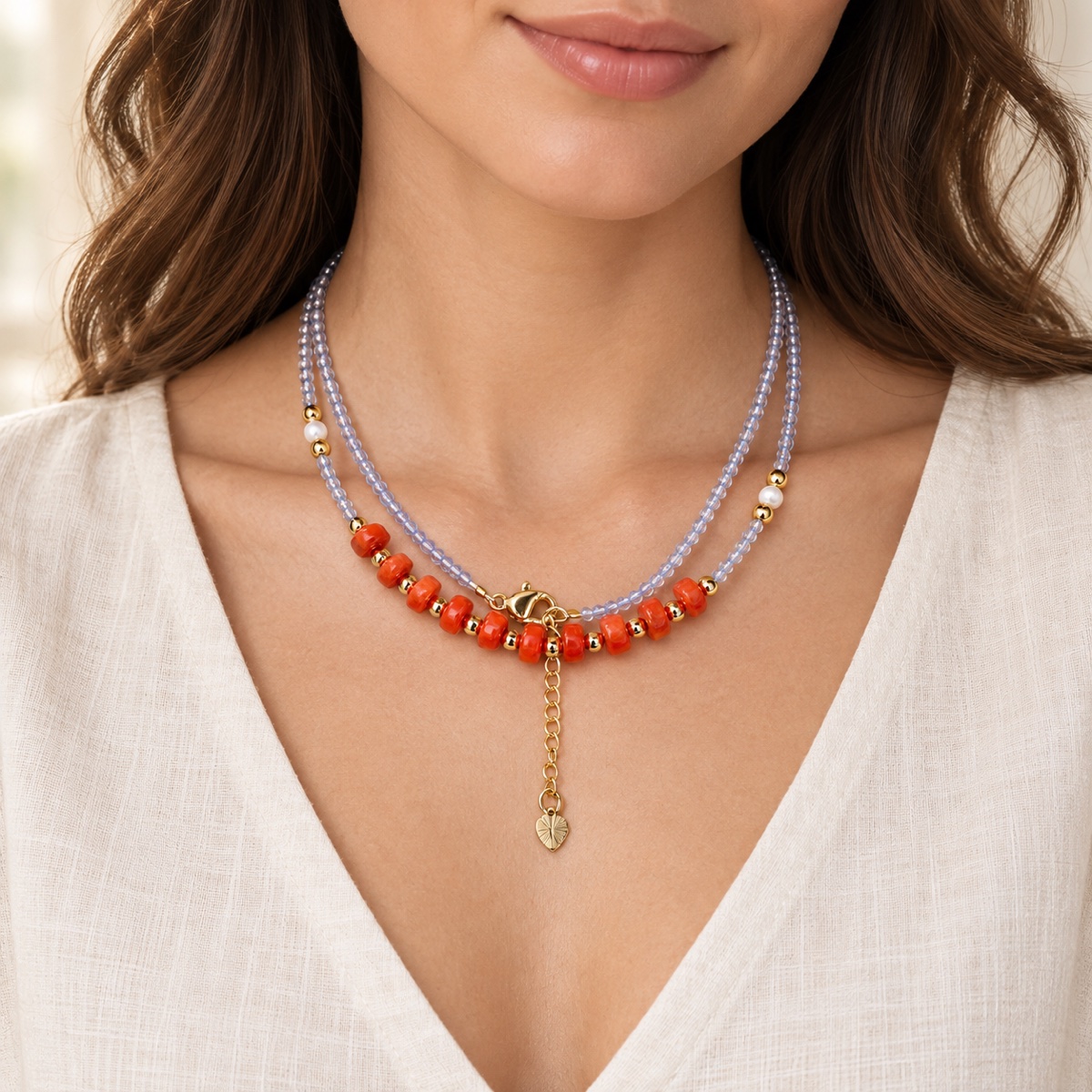 Aurora Coral Chip Double-Line Necklace worn as a necklace