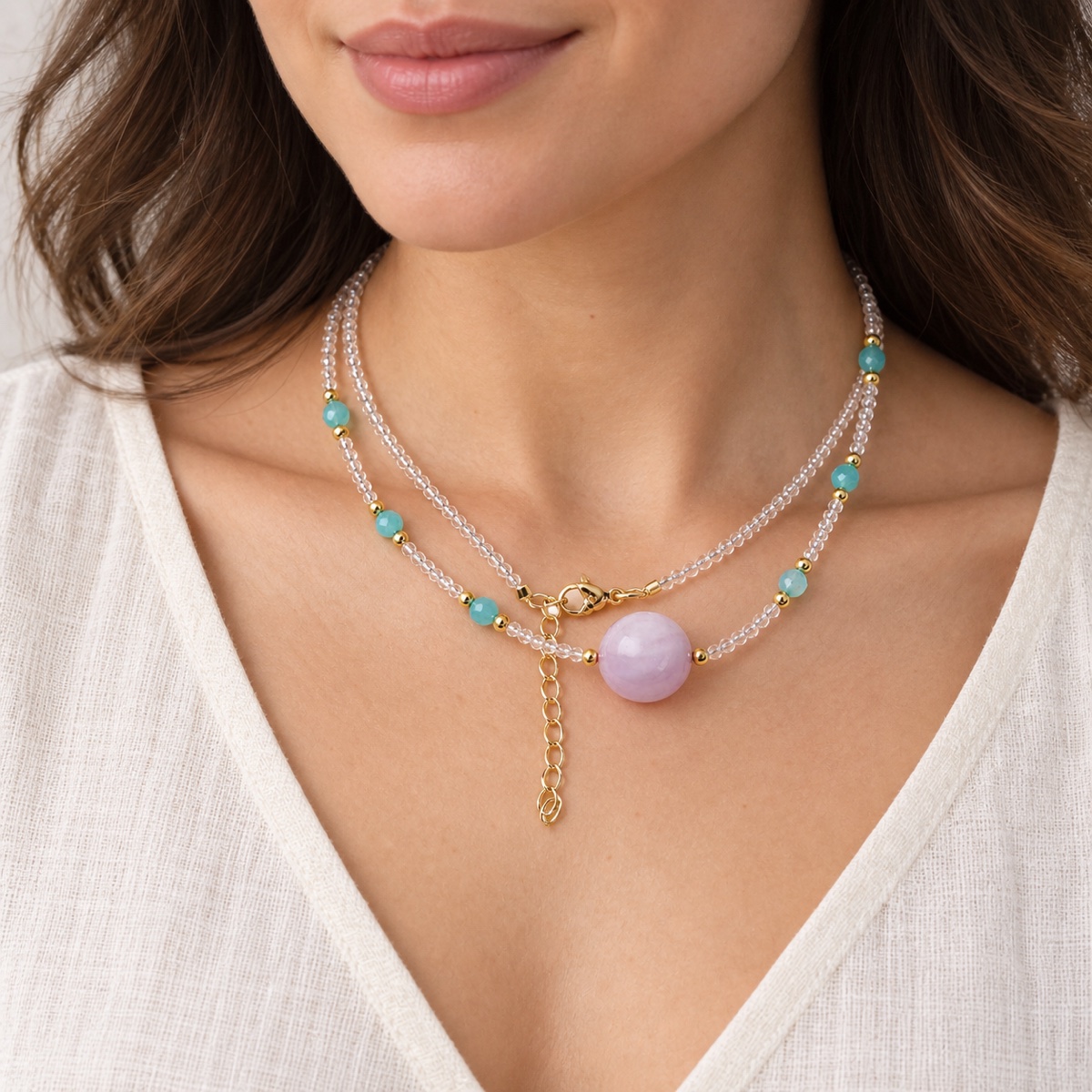 Aurora Lilac Orb Seafoam Necklace worn as a necklace