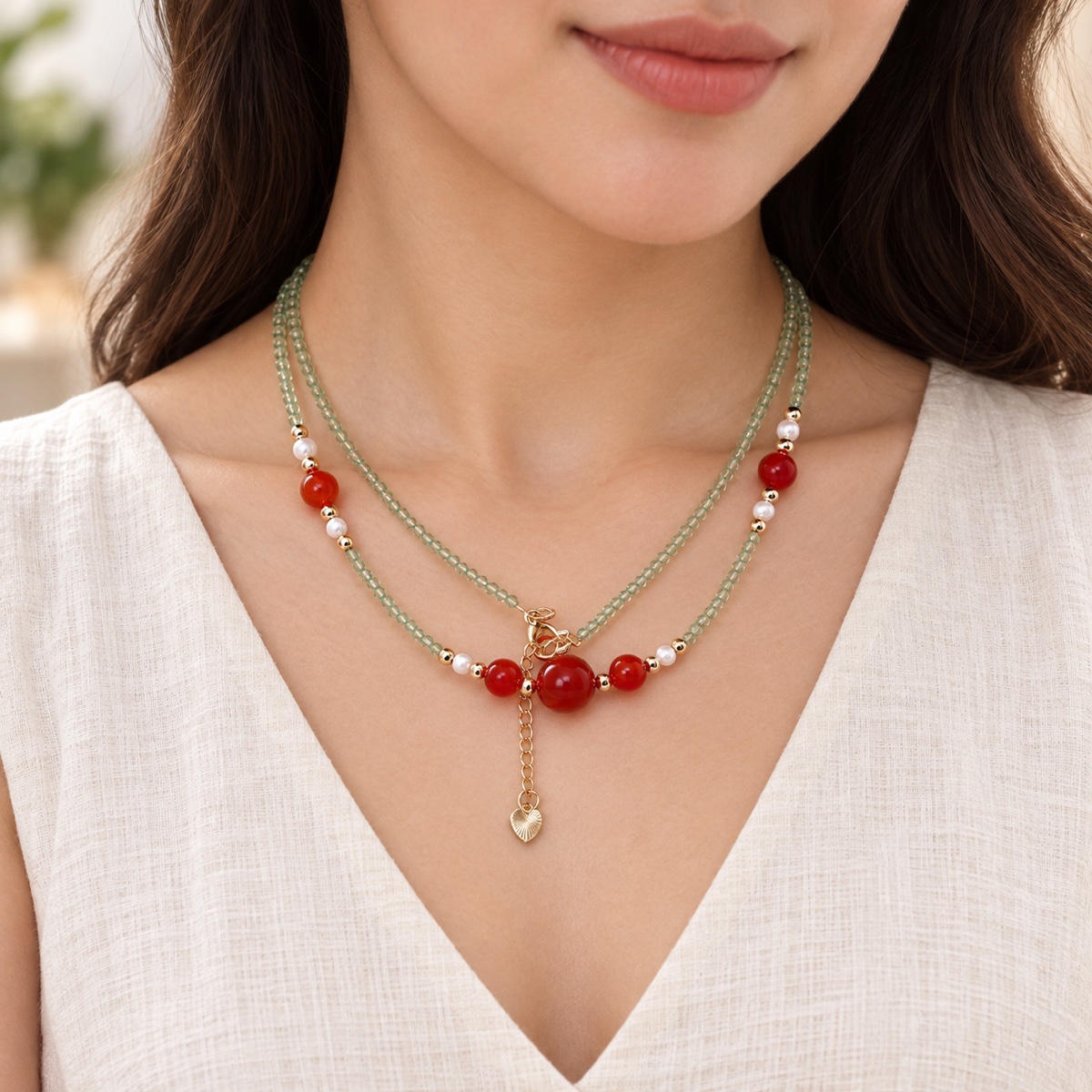 Aurora Scarlet Trio Necklace worn as a necklace