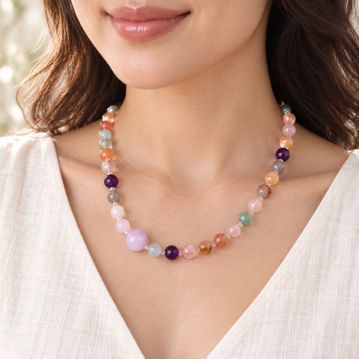 Aurora Pastel Orbit Bead Necklace worn as a necklace