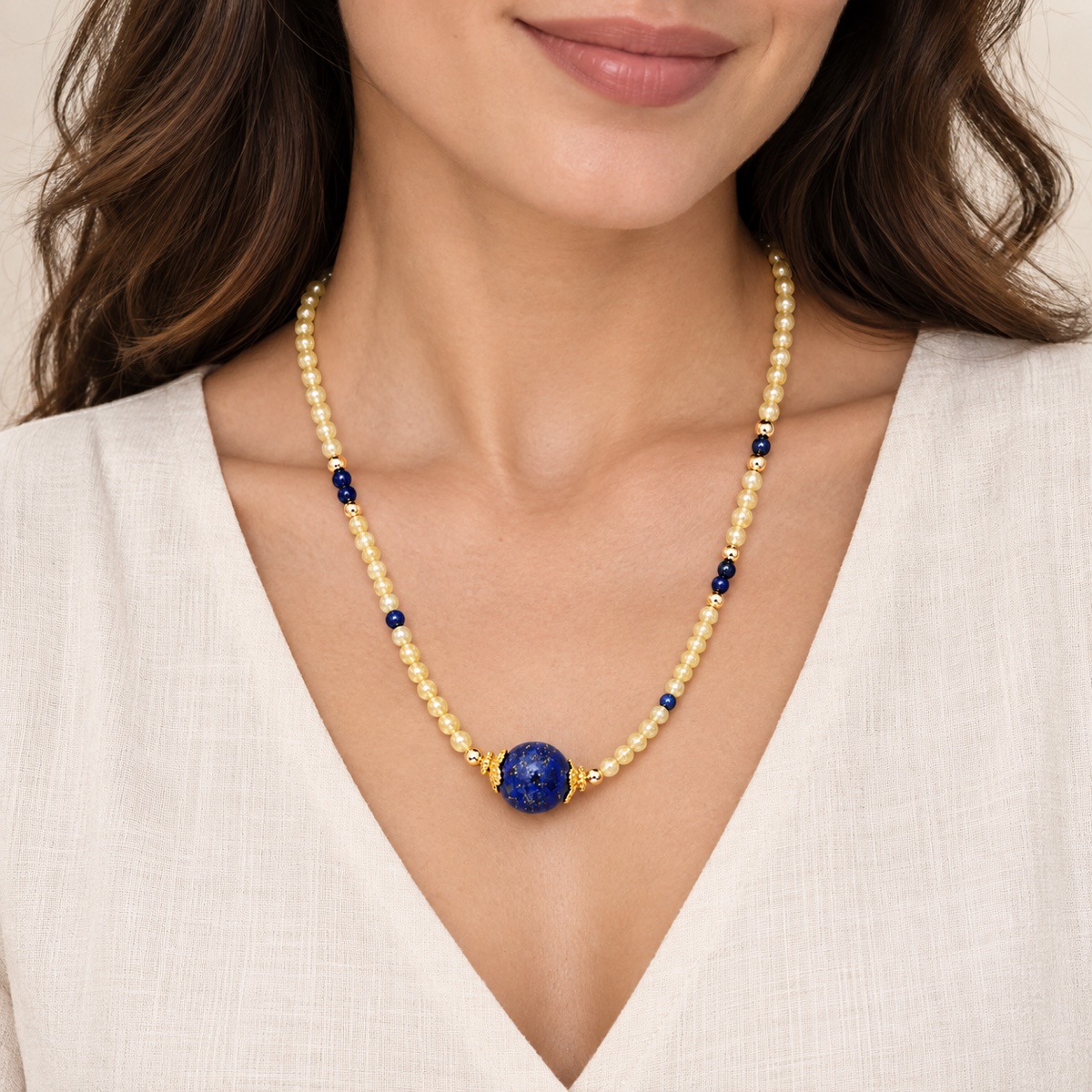 Aurora Honey Cobalt Focal Necklace worn as a necklace