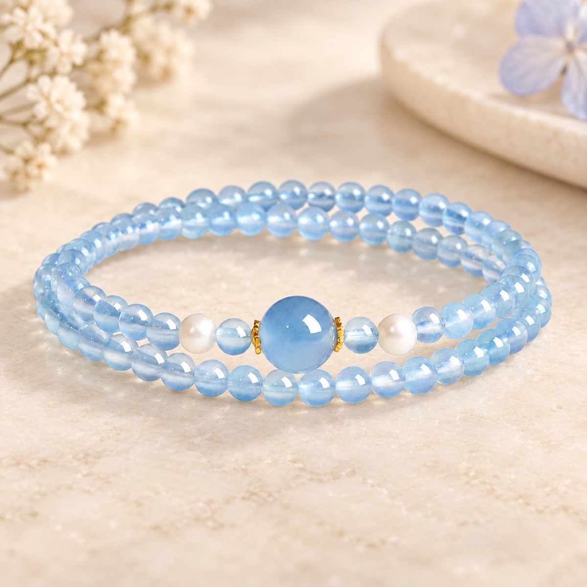 Aqualume Double-Wrap Blue Bead Bracelet — 5 mm product detail