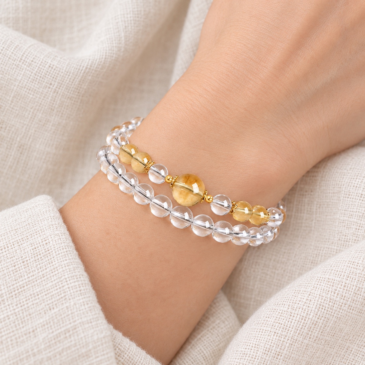 Clarity Arc Honey Focal Double-Wrap Bracelet worn on wrist