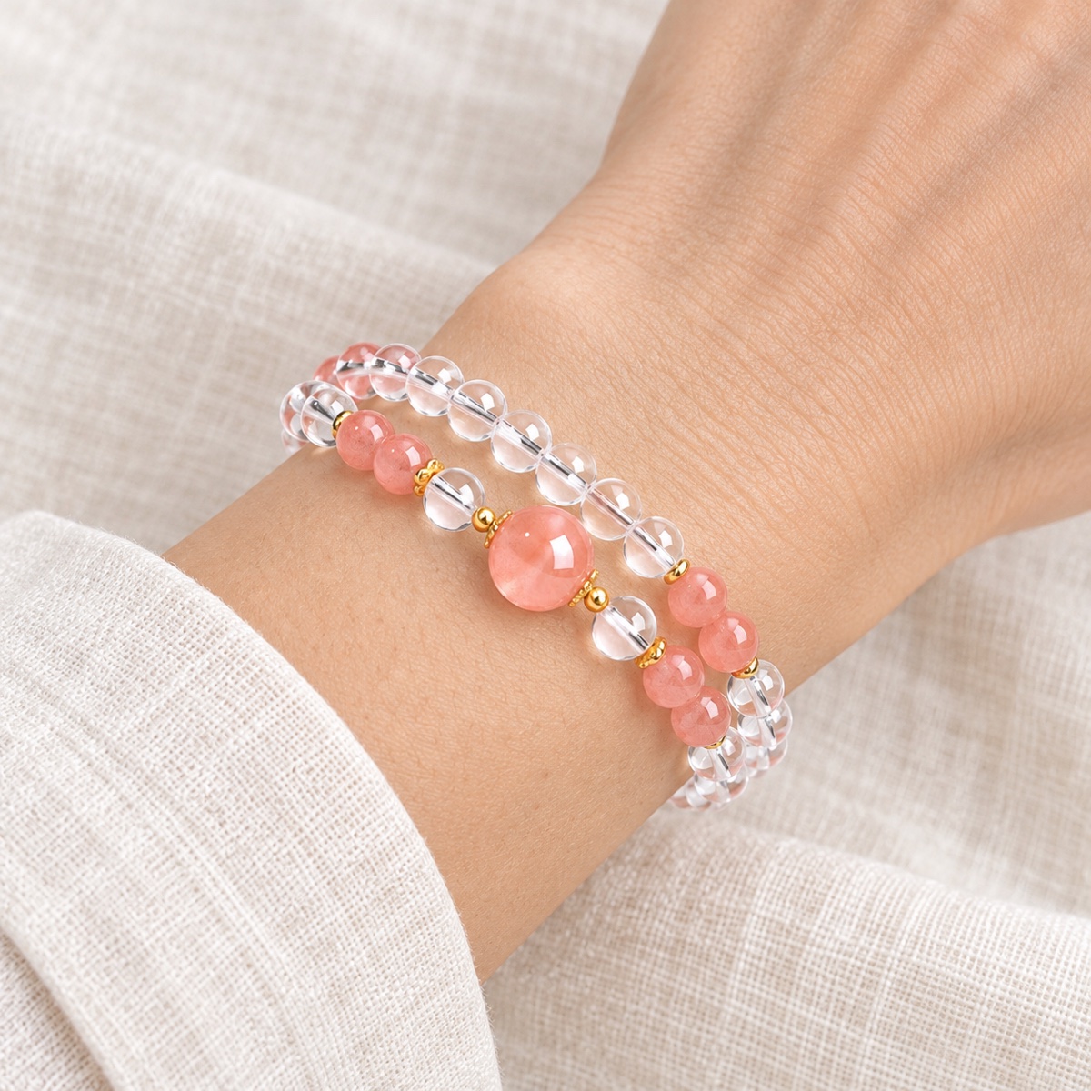 Clarity Arc Coral Focal Double-Wrap Bracelet worn on wrist
