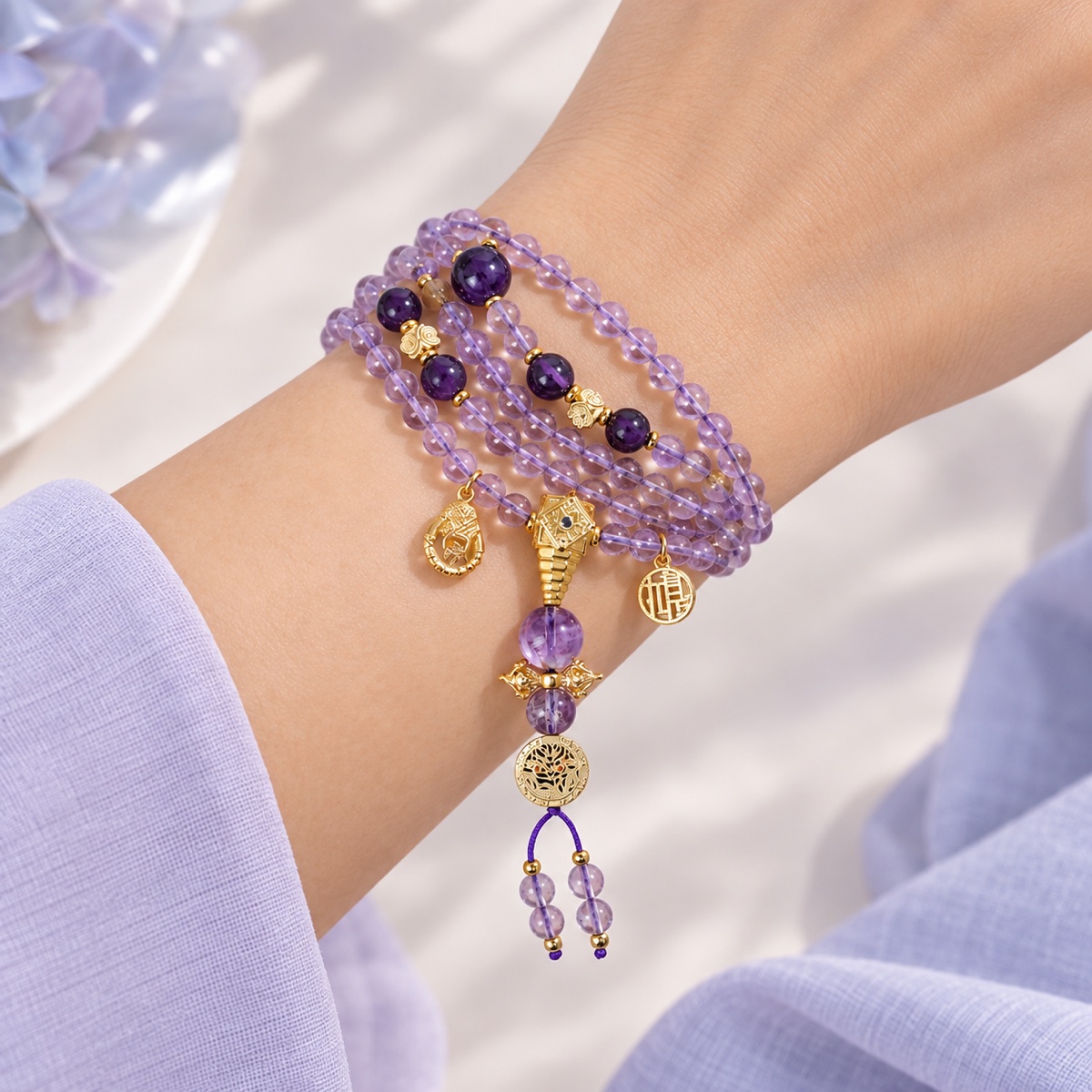 Verselle Violet Charm Necklace & Wrap Bracelet worn on wrist