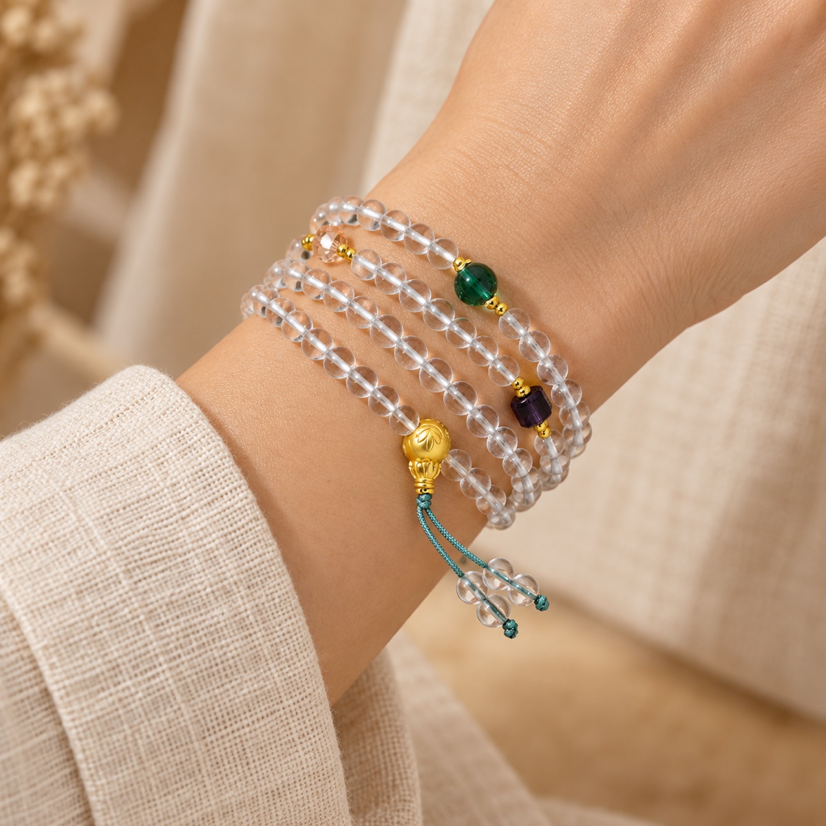 Verselle Clear Orbit Necklace & Wrap Bracelet worn on wrist