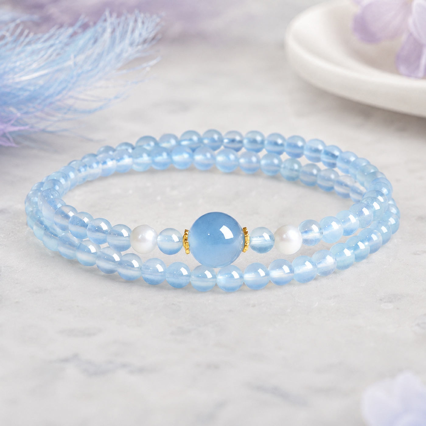 Aqualume Double-Wrap Blue Bead Bracelet — 5 mm, pale-blue finished stretch bracelet shown in full
