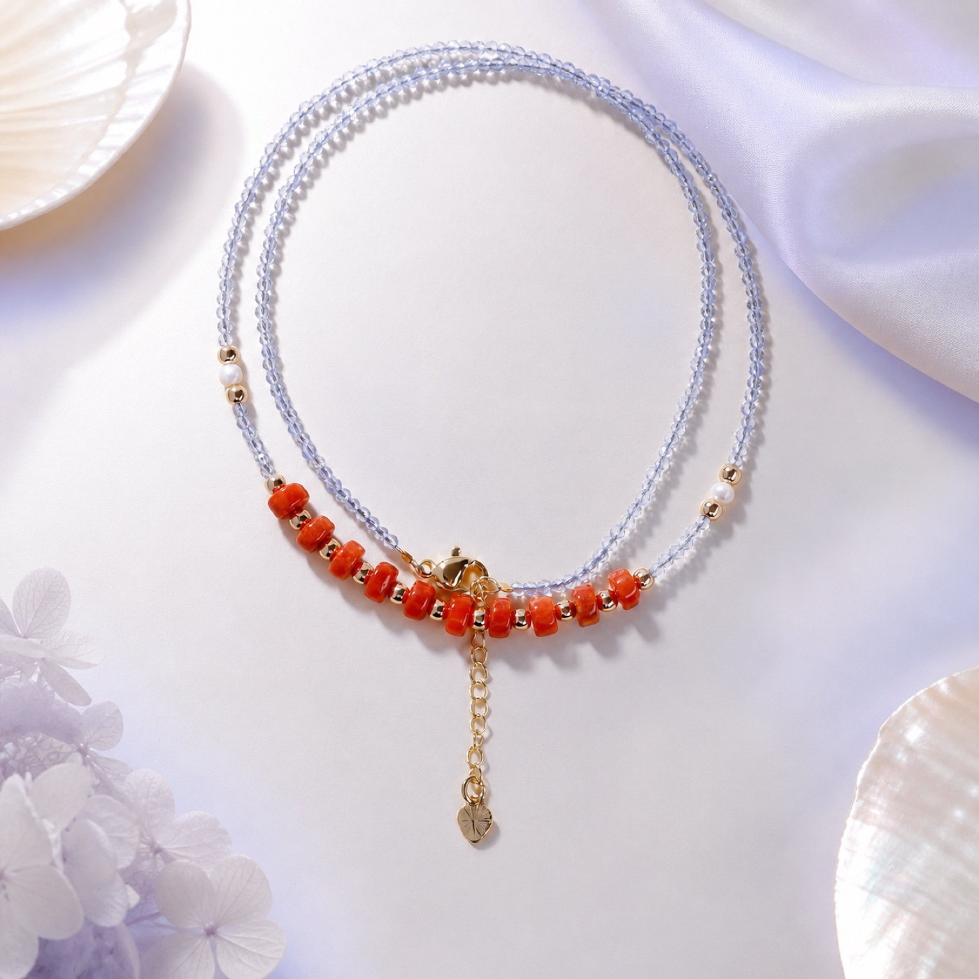 Aurora Coral Chip Double-Line Necklace, finished necklace shown in full