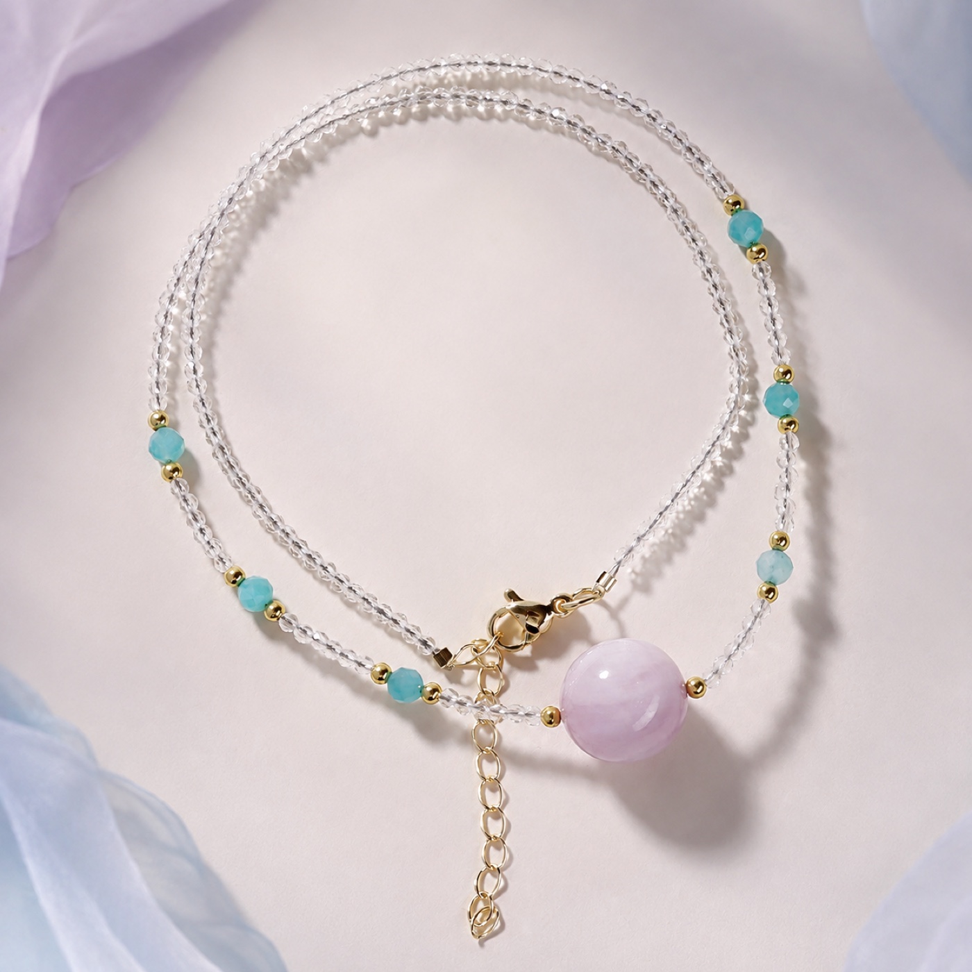 Aurora Lilac Orb Seafoam Necklace, finished necklace shown in full
