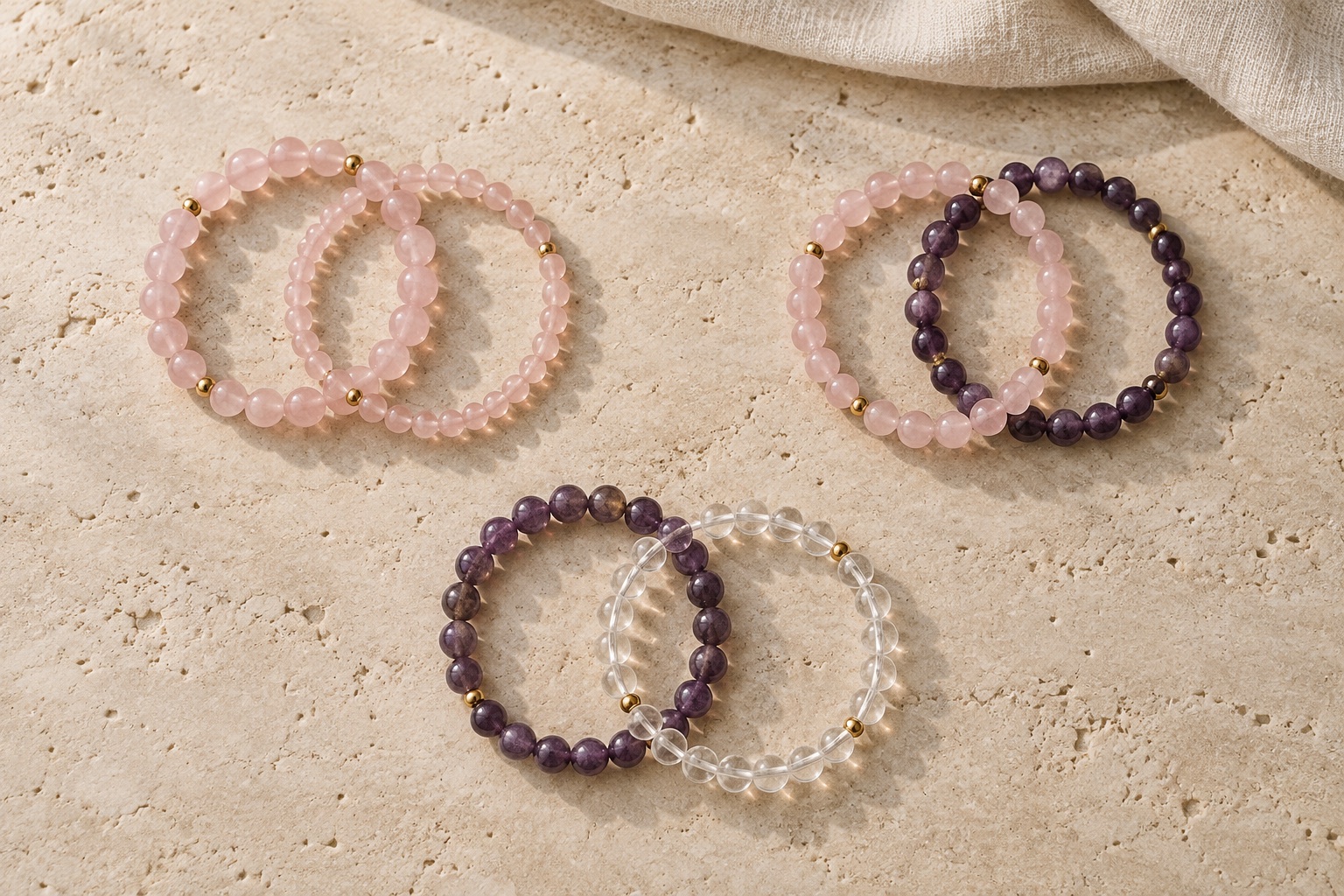 Three bracelet pairings: two pink strands, pink with purple, and purple with clear beads.