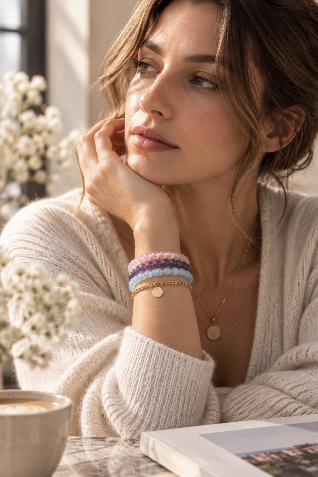 Pink, purple, and pale-blue beaded bracelets layered with a gold-tone chain
