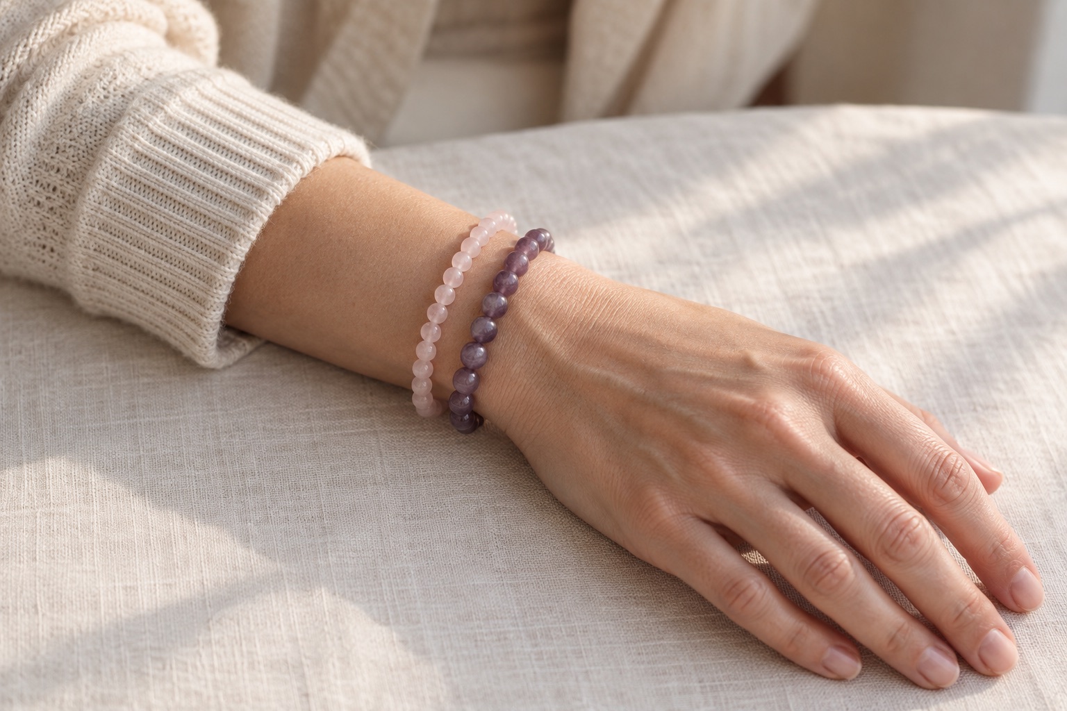 Two pink and purple beaded bracelets worn below a cream knit sleeve.