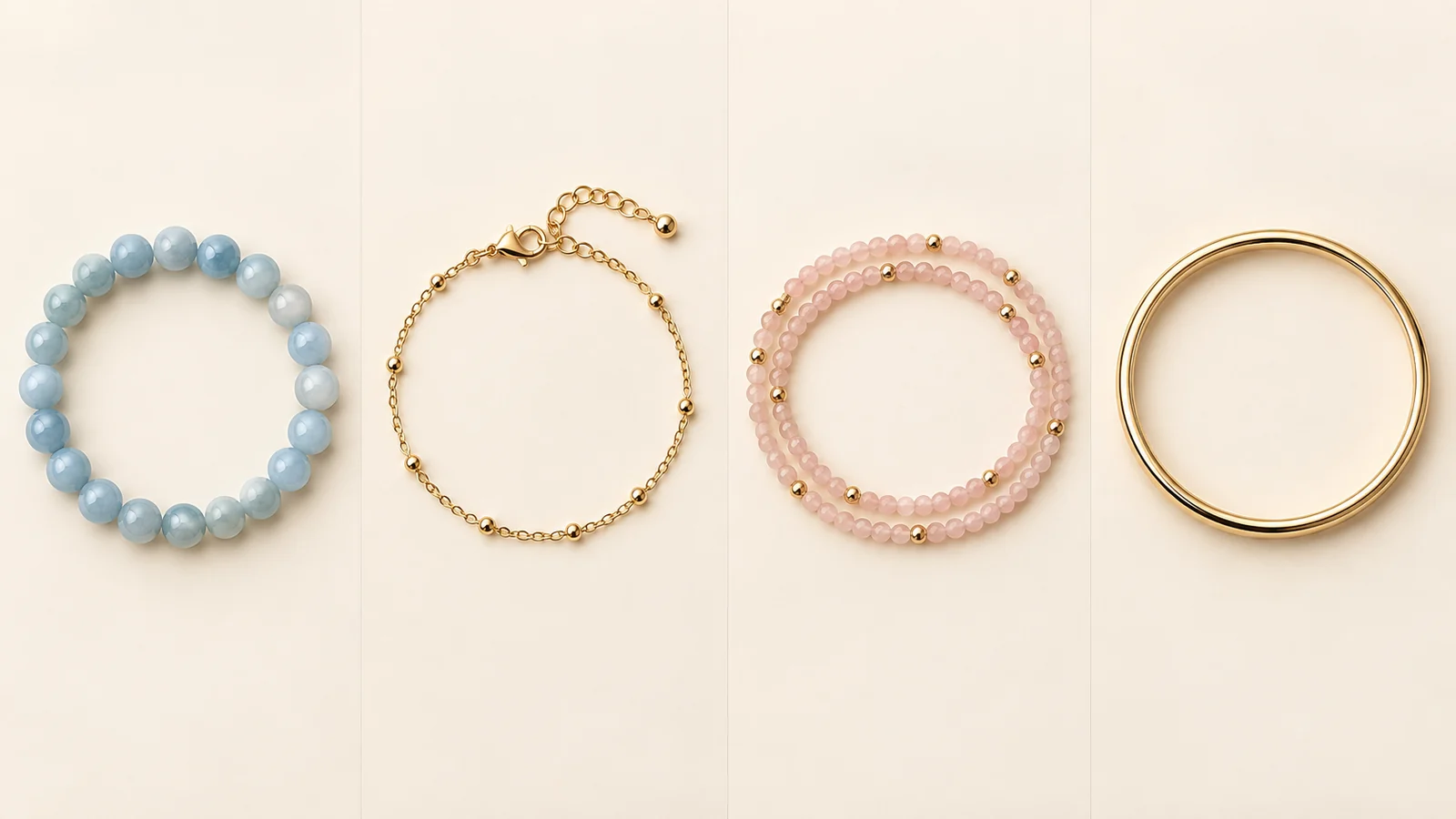 Four bracelet constructions shown side by side: stretch beads, clasped chain, wrap bracelet, and rigid bangle
