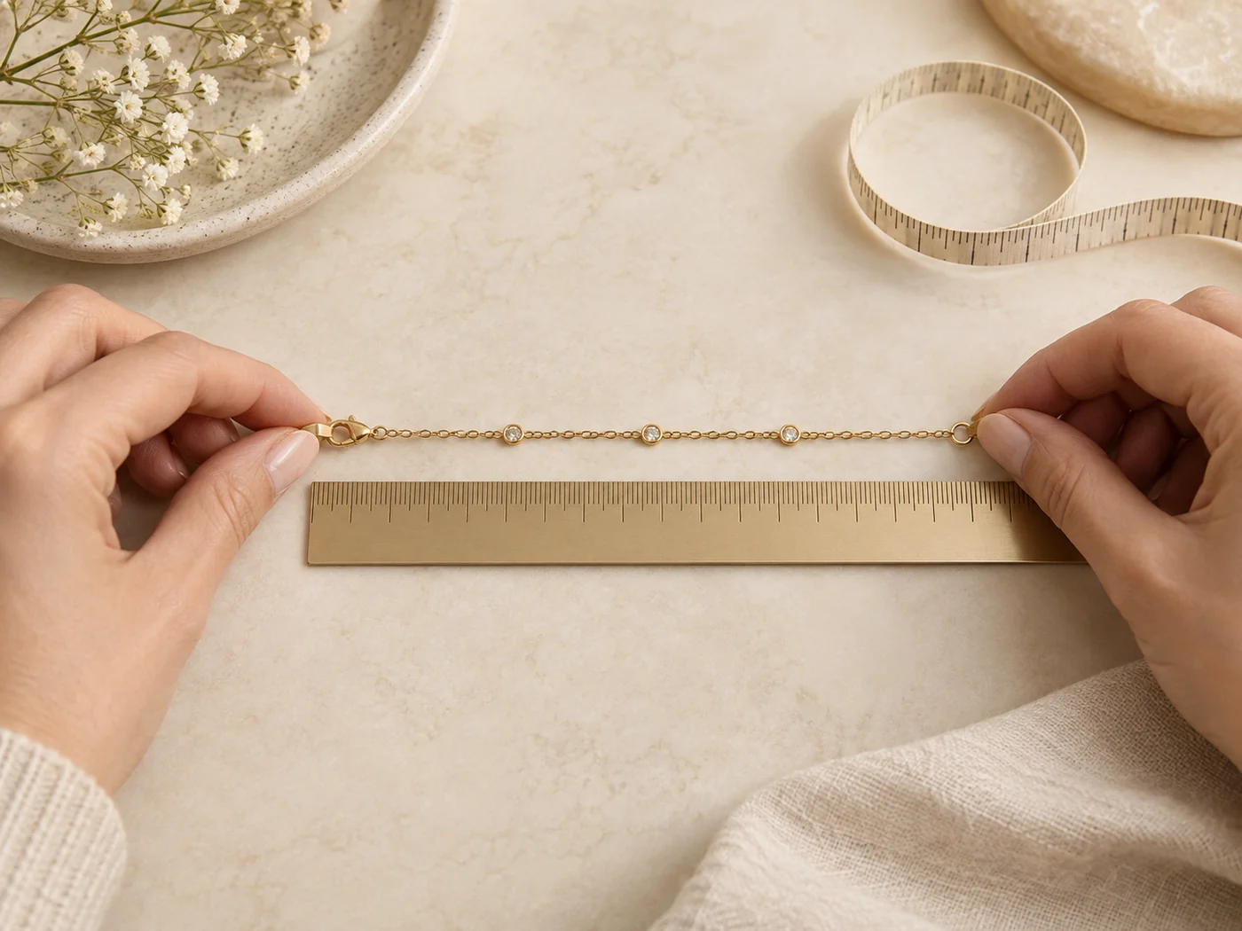 Hands measuring a clasped bracelet beside a ruler on an ivory surface