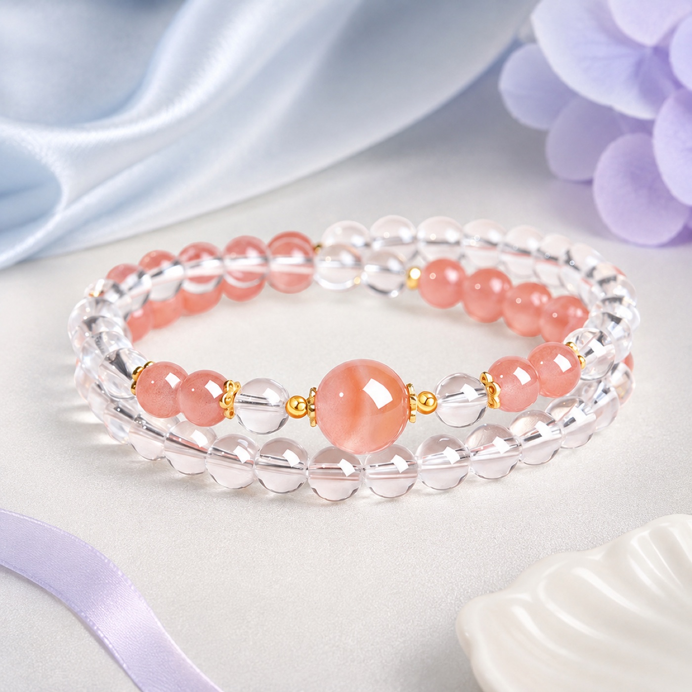 Clarity Arc Coral Focal Double-Wrap Bracelet, finished bracelet shown in full