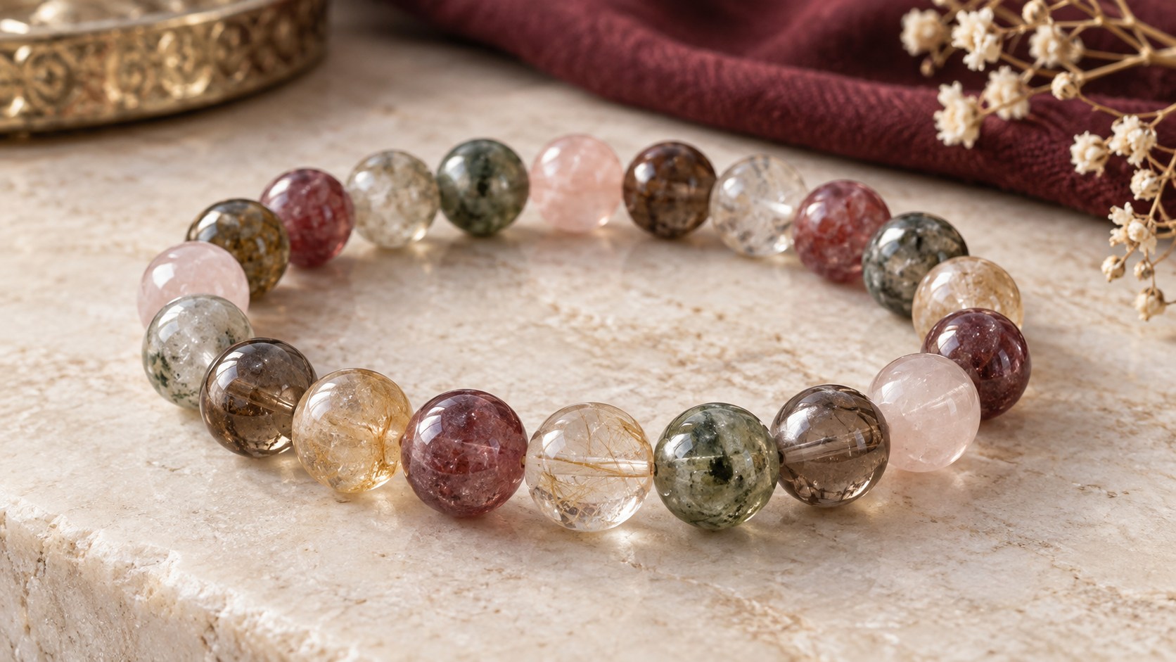 Beaded bracelet detail showing variation in bead color and clarity.