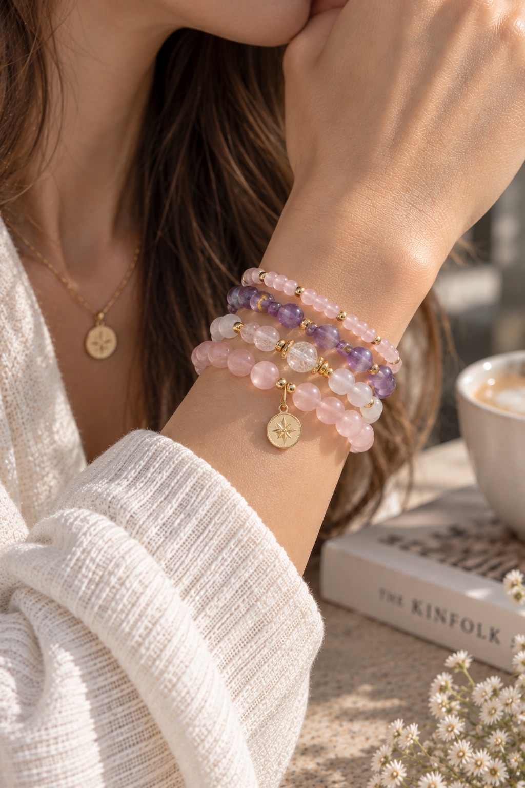 Pink, purple, and clear-looking bead bracelets stacked with gold-tone accents