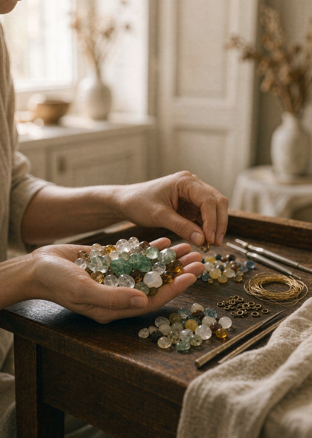 Hands arranging beads at the jewelry workbench