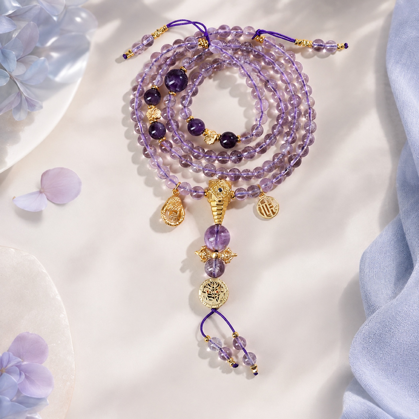 Verselle Violet Charm Necklace & Wrap Bracelet, full finished convertible strand arranged in multiple loops