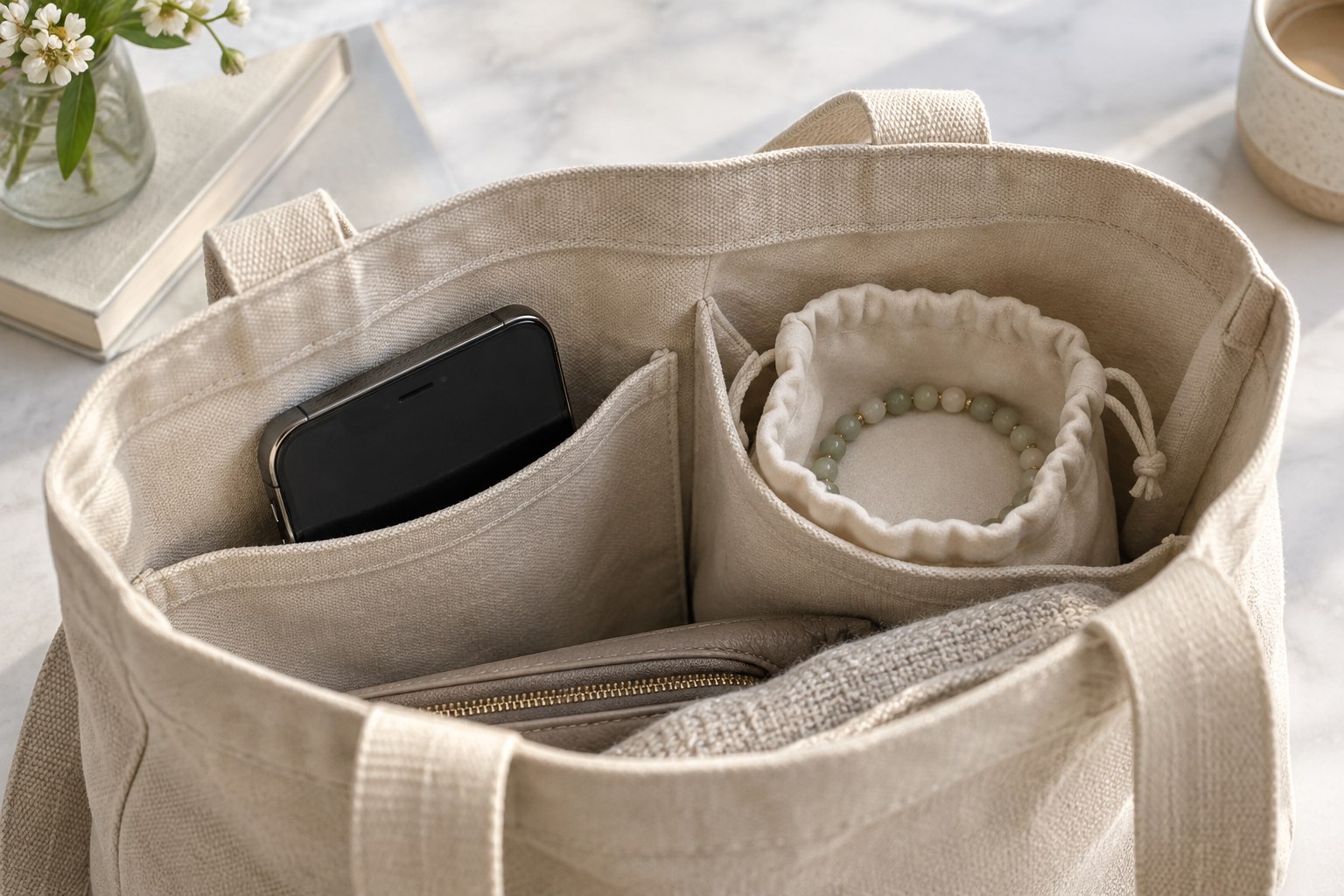 A phone and a beaded bracelet stored in separate tote bag compartments, with the bracelet inside a soft pouch