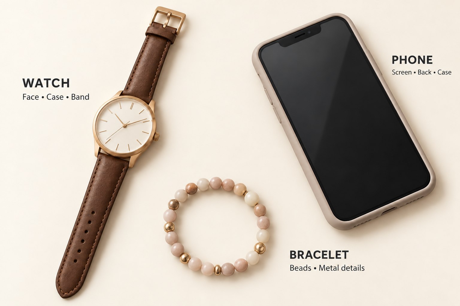 Labeled illustration of a watch, phone, and beaded bracelet showing their different surfaces and parts