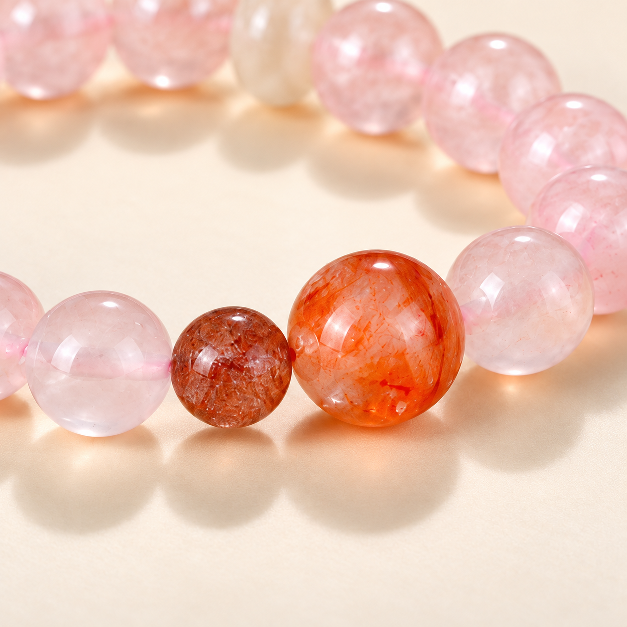 Close-up of adjacent deep-red and orange-red accent beads beside translucent pink beads.