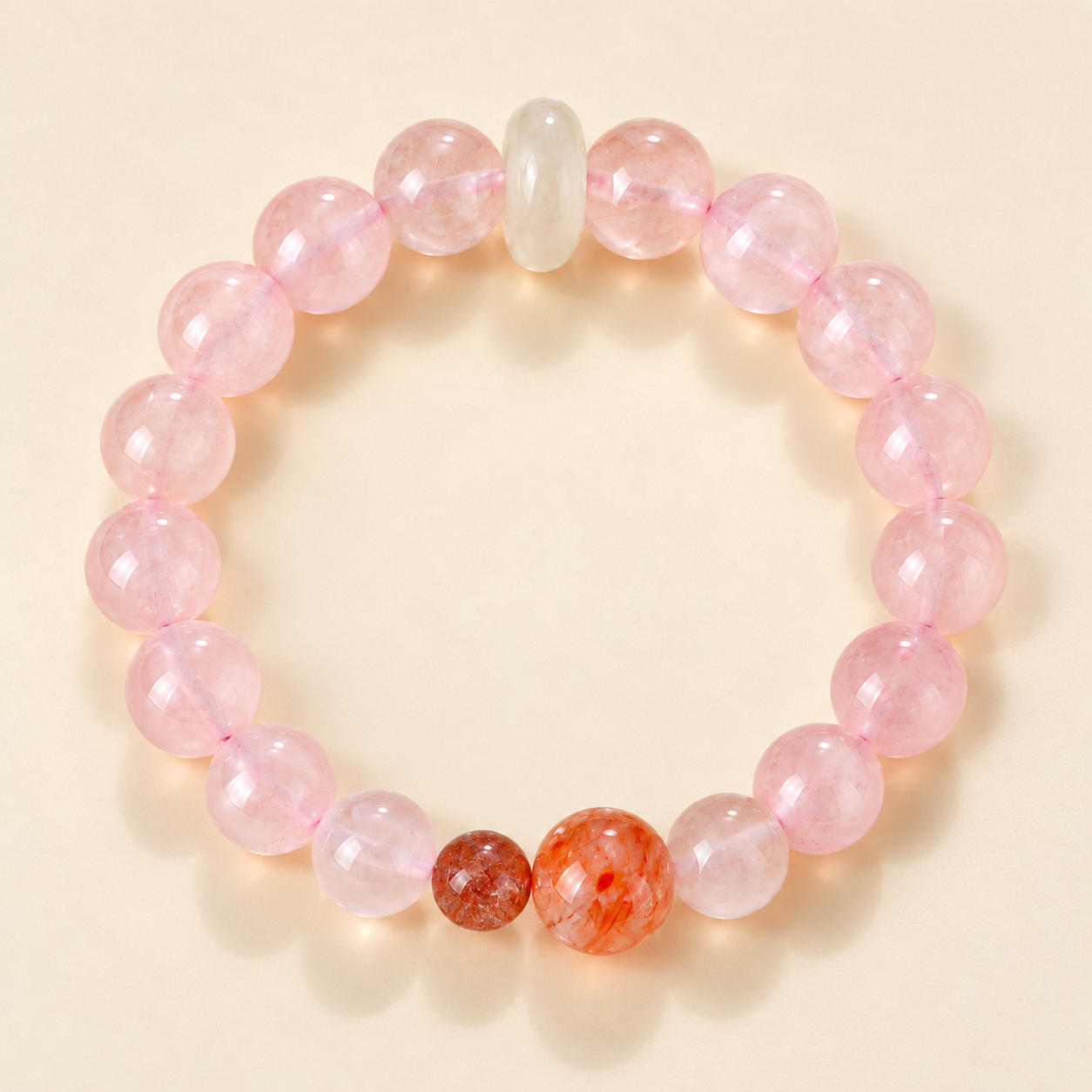 Overhead view of a pink bead bracelet showing its complete strand and contrasting accents.