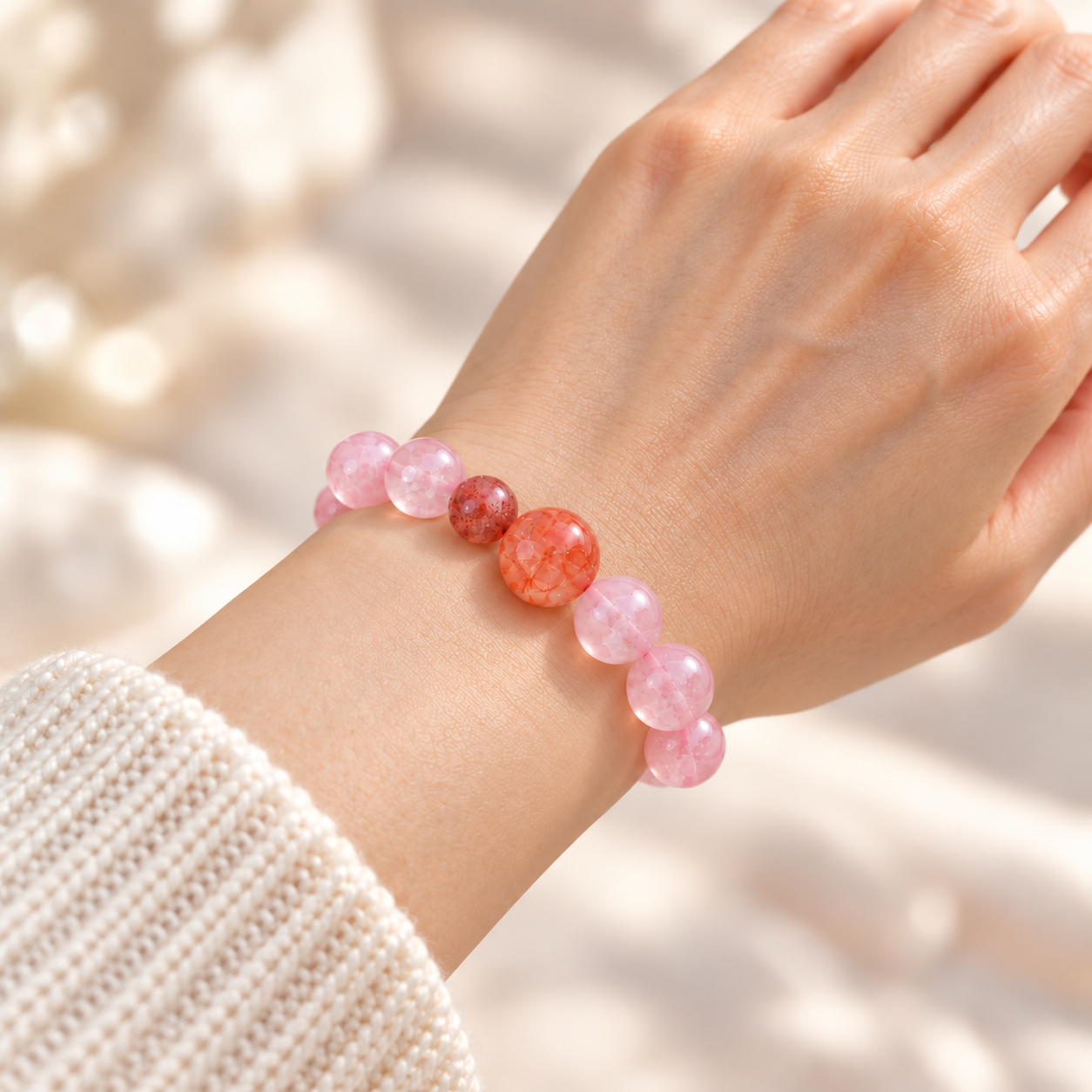Pink bead stretch bracelet with red-orange accents worn around an adult wrist.